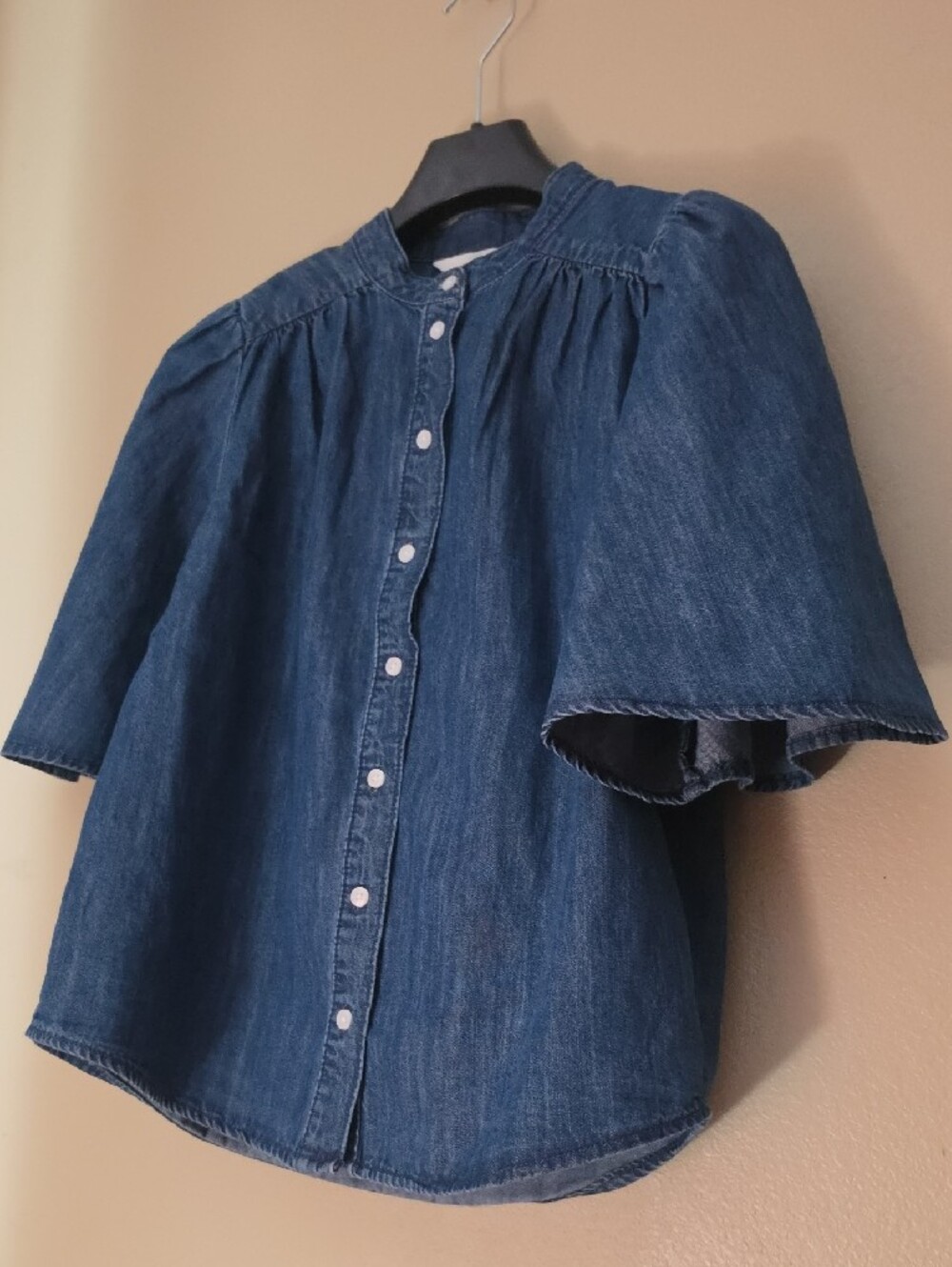 Bell Sleeve  Dark Blue Denim Button-Up Top